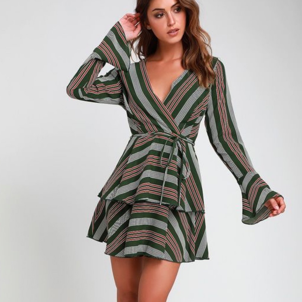 Lulus Green Striped Ruffled Long Sleeve Dress